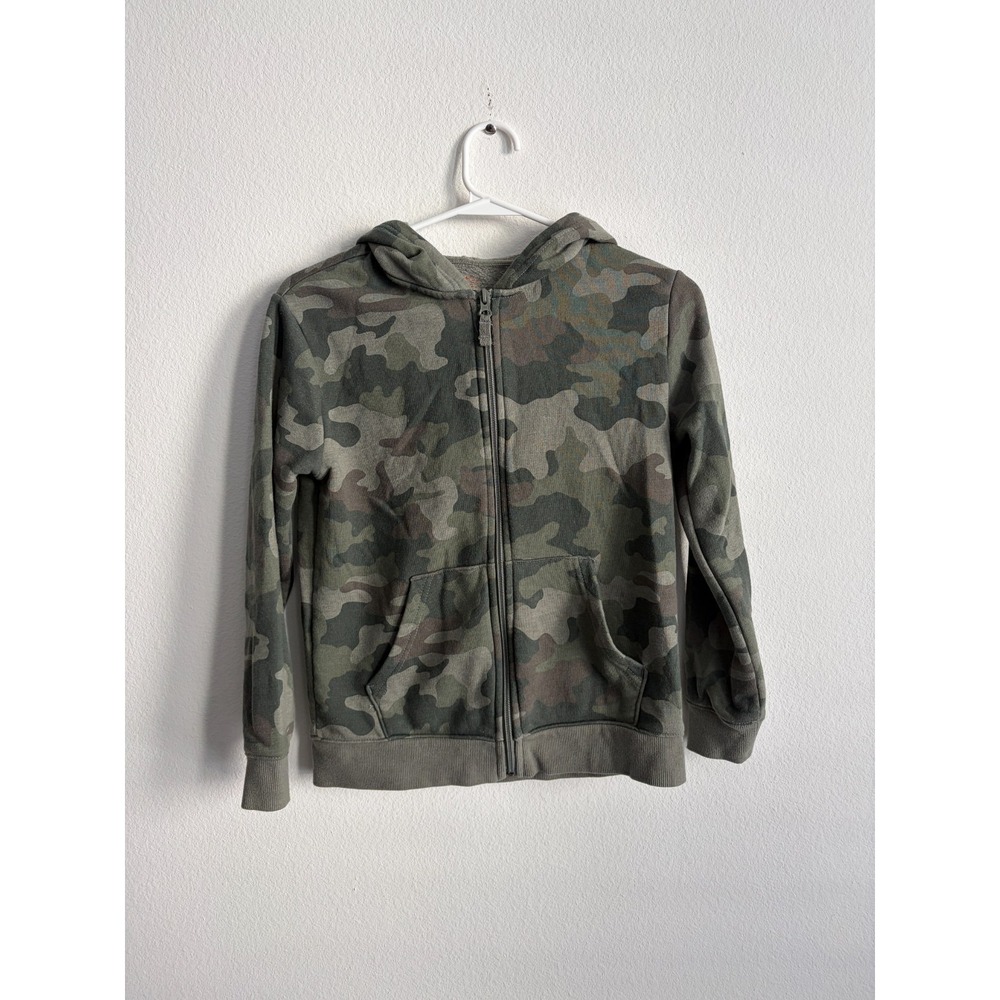 Cat & Jack Hoodie Boy M-8 Green Camouflage Fleece Lined Kangaroo Pocket Full Zip